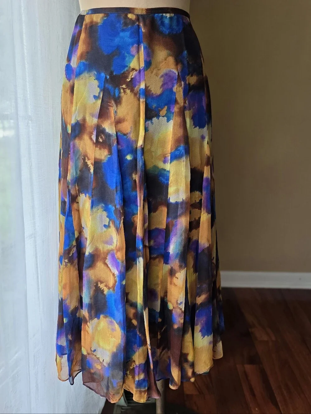 100% Silk Pleated Midi Skirt Petite 6P Abstract Blue Gold Brown Jones New York